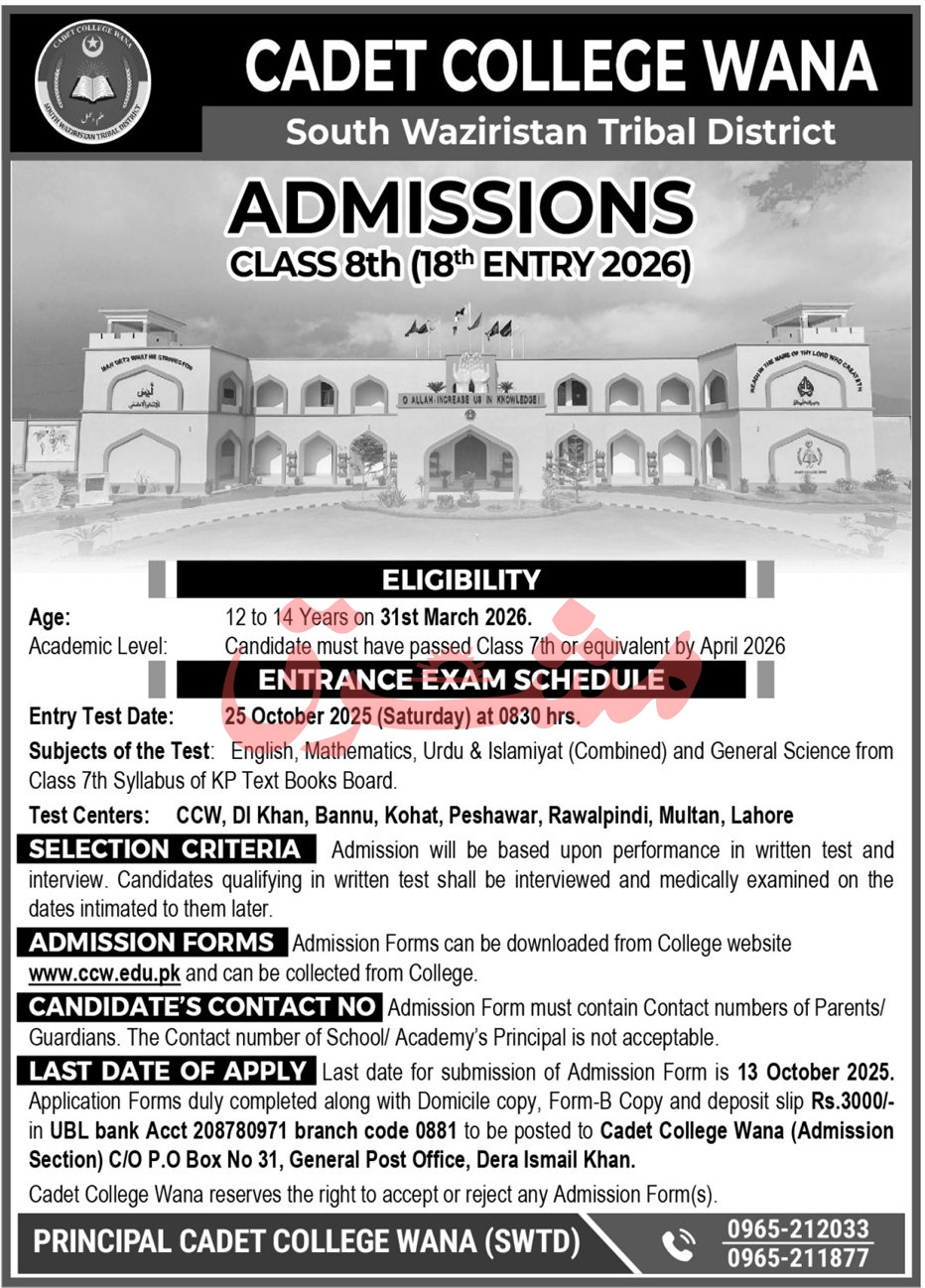 Admission Open in Cadet College Wana